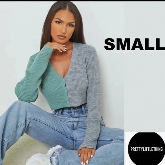 PrettyLittleThing Colorblock Ribbed Cropped Cardigan Petite(4) - Picture 1 of 8